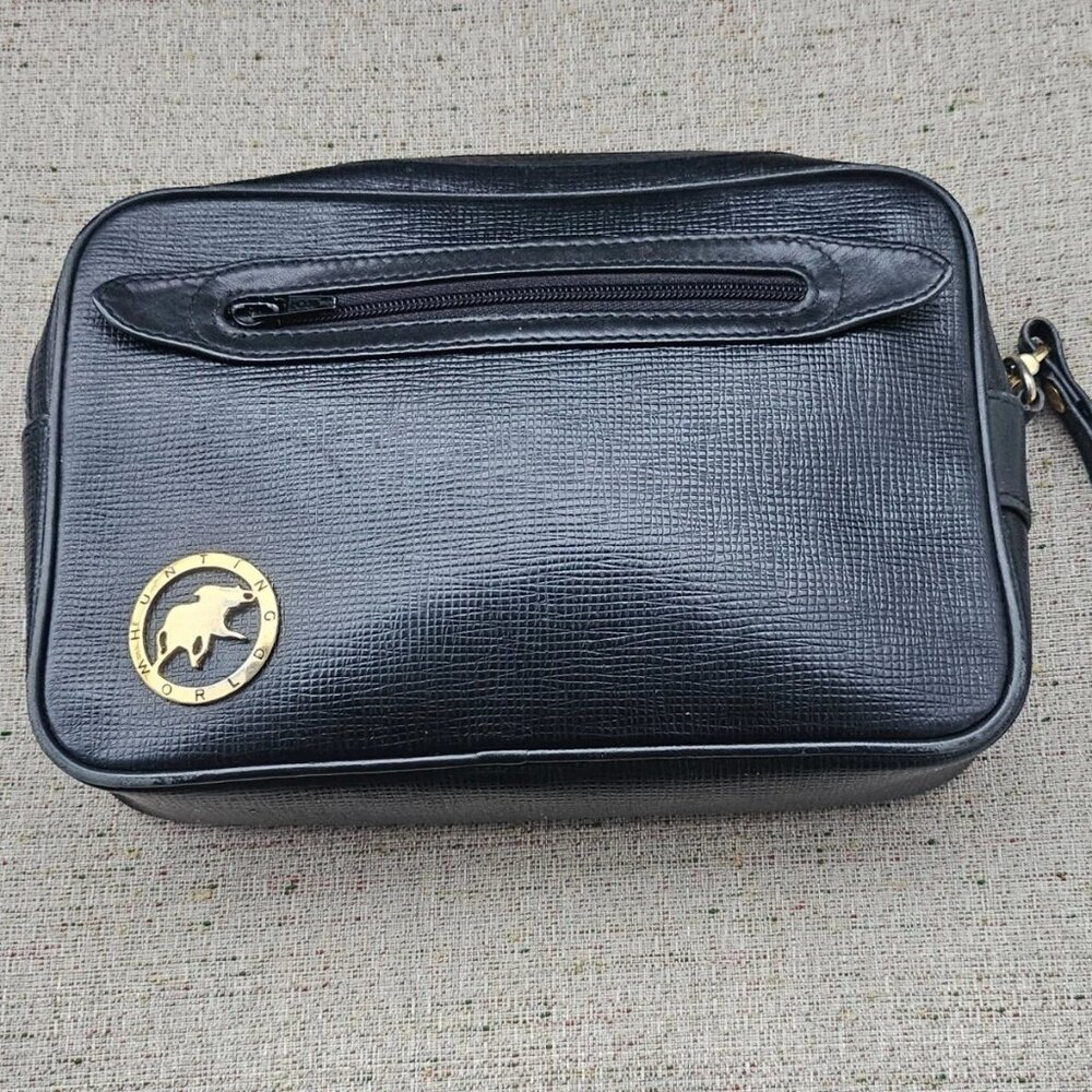 Hunting World Clutch Bag Black Leather Cosmetic Bag Make Up Bag Made in Italy